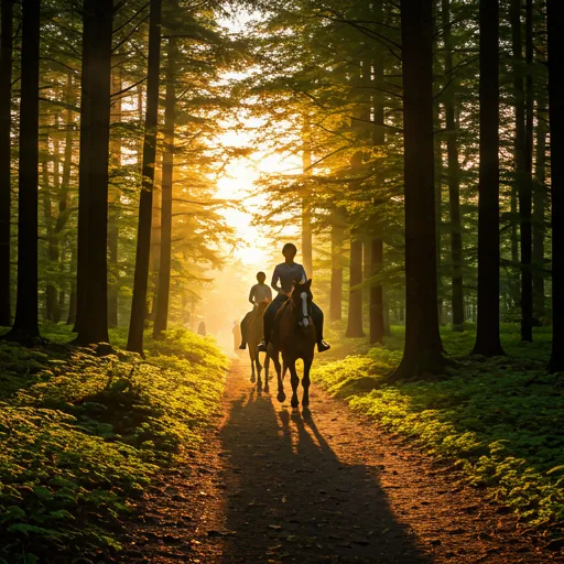 A group of riders on Marwari horses trekking through a lush green forest during golden hour.