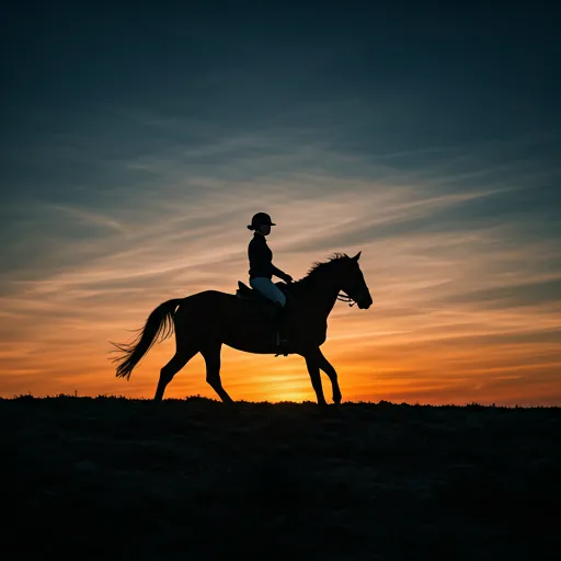 A rider silhouetted against a deep indigo and orange sunset sky.