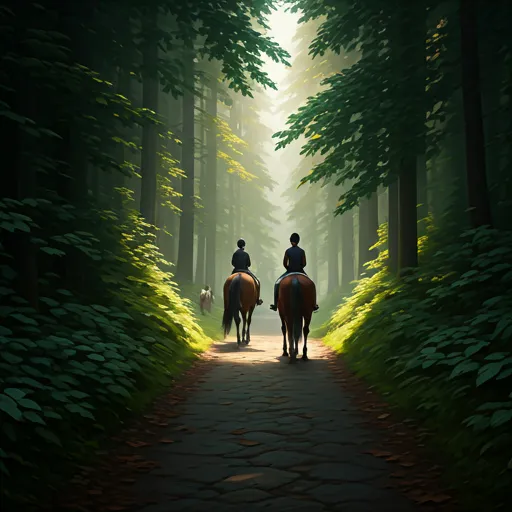 An equestrian path winding through a dense forest with light breaking through the canopy.