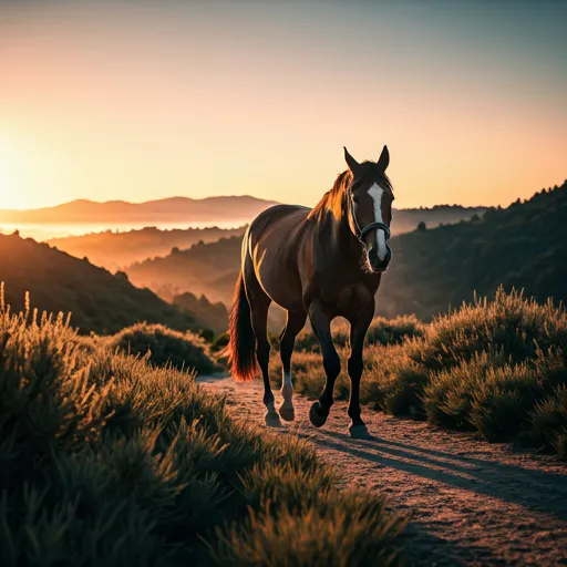 A horse walking along a sun-drenched trail at sunrise with mist rising from the valley.