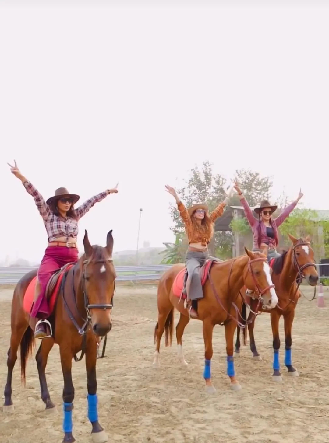 Three riders raise their arms in celebration on horseback.