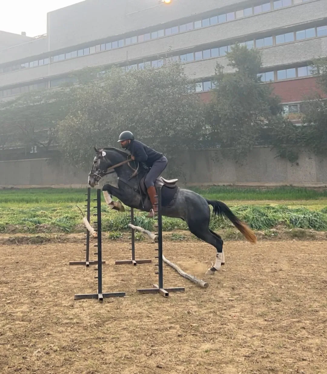 A rider on a grey horse mid-jump in the FHRC arena.