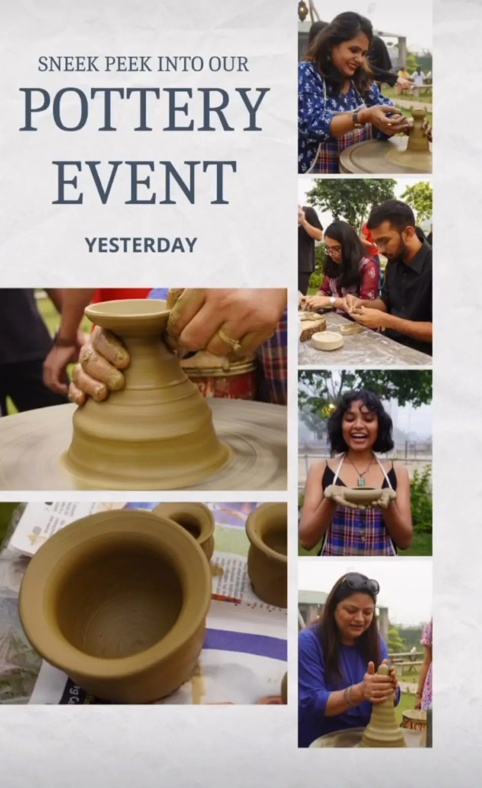 A group at a pottery workshop, hands on the wheel.