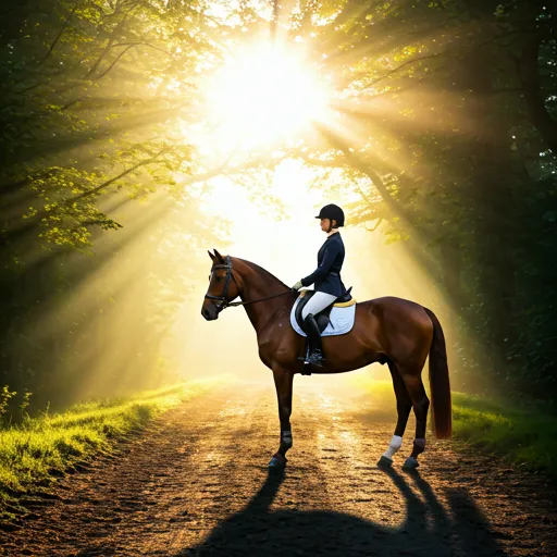 A horse and rider on a misty trail at dawn.