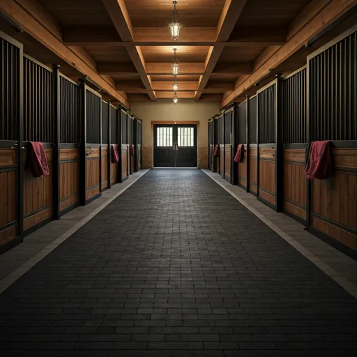 A wide stable aisle with dark mahogany stall doors and recessed lighting.