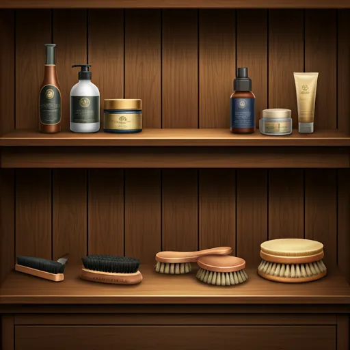 A horse grooming area with equipment organised on a wooden shelf.