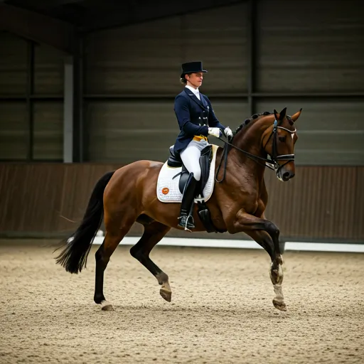 A professional rider in full equestrian attire performing advanced dressage movements.