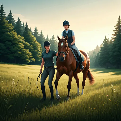A beginner rider being guided on a gentle brown horse in a sunlit paddock.