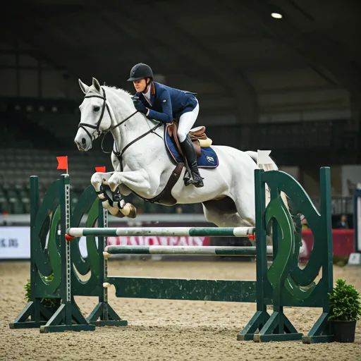 A white horse mid-leap over a decorated show jumping obstacle with a perfectly balanced rider.