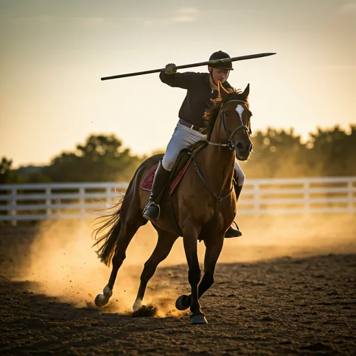 A rider participating in tent pegging, galloping at high speed with a lance.